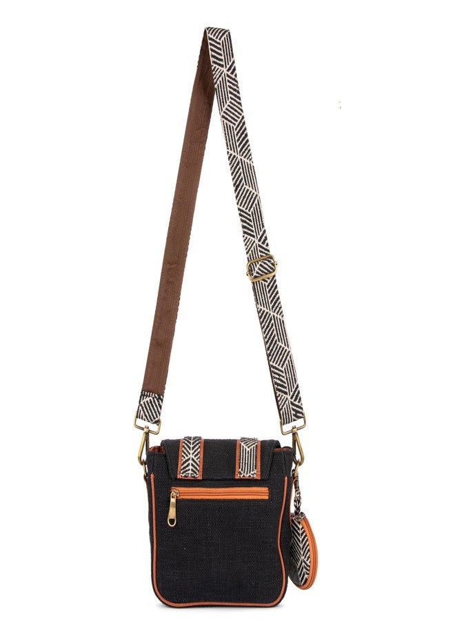BHASTRA Black Saddle Handloom Sling Bag with Dual Compartments & Jacquard Adjustable Detachable Strap | Compact Sling Bag with Front Pocket, Back Zip & Coin Pouch - Handloom Fabric Design - Image 4